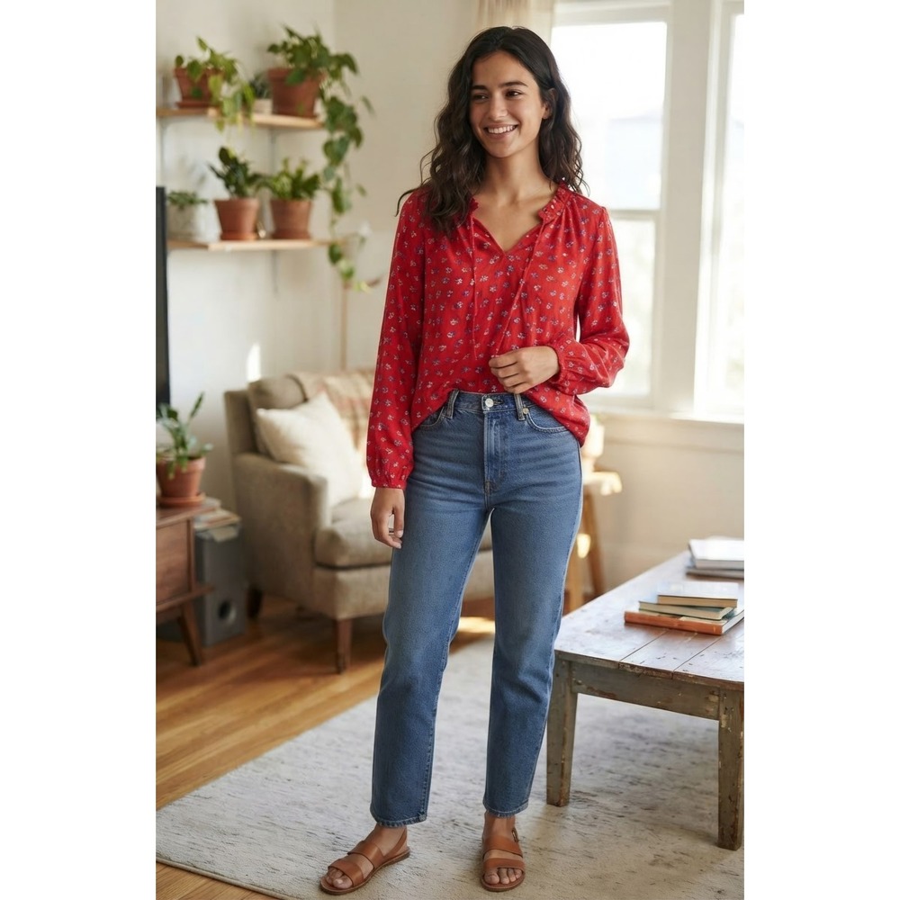 GAP Red Floral Clip Dot Ruffle Neck Tie Blouse Long Sleeve Top Womens Medium
